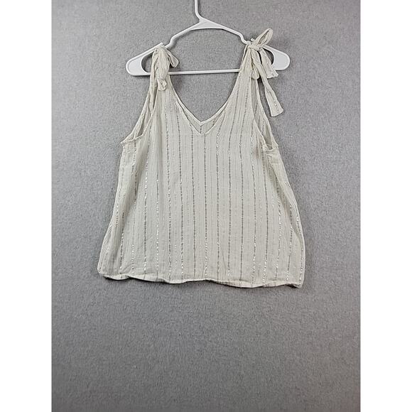 Aerie White Metallic Striped V Neck Tie Shoulder Sheer Tank Top Women XL Stretch - Picture 6 of 11